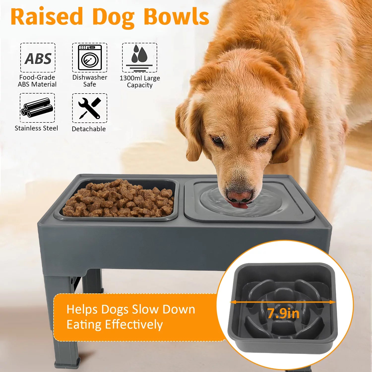 Adjustable Raised Dog Bowl with Slow Feeder Elevated Dog Water Bowl  Non-Spill