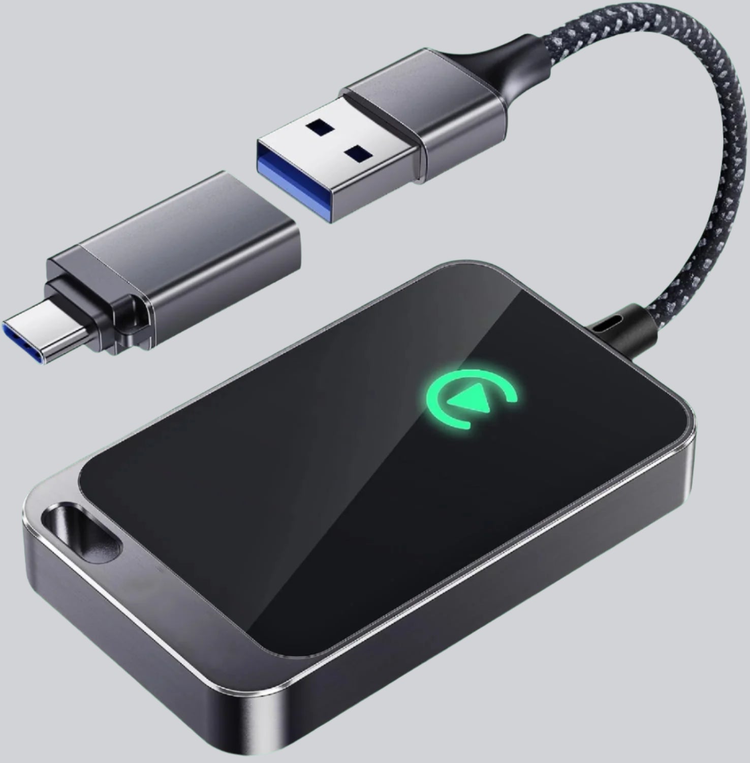 USB adapter with Type-C and USB-A connectors on a white background