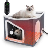 Heated Cat House for Indoor, Large Cat Bed with Heating Pad, Adjustable Temperature & Timing, with Fluffy Ball Hanging and Scratch Pad, Foldable Pet Hideaway for Small Medium and Large Cats（XL）