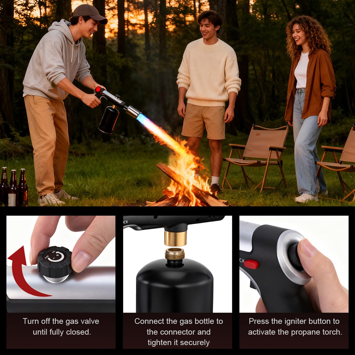 Propane Torch, 3272°F Propane Torch Gun High Heat Torch Lighter with Adjustable Flame & Safety Lock, for BBQ Grilling, Charcoal Igniting, Cooking, DIY Projects (1 Set)