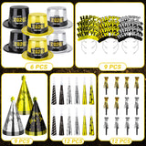 48PCS New Year's Eve Party Supplies for 24 Guests - Happy New Year Headband, Gold Black Party Favors, Cone Hats, Horns, Blowouts - Accessories in Plastic Cardboard
