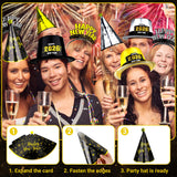 48PCS New Year's Eve Party Supplies for 24 Guests - Happy New Year Headband, Gold Black Party Favors, Cone Hats, Horns, Blowouts - Accessories in Plastic Cardboard