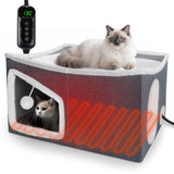 Heated Cat House for Indoor, Large Cat Bed with Heating Pad, Adjustable Temperature & Timing, with Fluffy Ball Hanging and Scratch Pad, Foldable Pet Hideaway for Small Medium and Large Cats（XL）