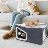 Heated Cat House for Indoor, Large Cat Bed with Heating Pad, Adjustable Temperature & Timing, with Fluffy Ball Hanging and Scratch Pad, Foldable Pet Hideaway for Small Medium and Large Cats（XL）