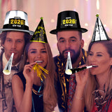 48PCS New Year's Eve Party Supplies for 24 Guests - Happy New Year Headband, Gold Black Party Favors, Cone Hats, Horns, Blowouts - Accessories in Plastic Cardboard