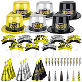 48PCS New Year's Eve Party Supplies for 24 Guests - Happy New Year Headband, Gold Black Party Favors, Cone Hats, Horns, Blowouts - Accessories in Plastic Cardboard