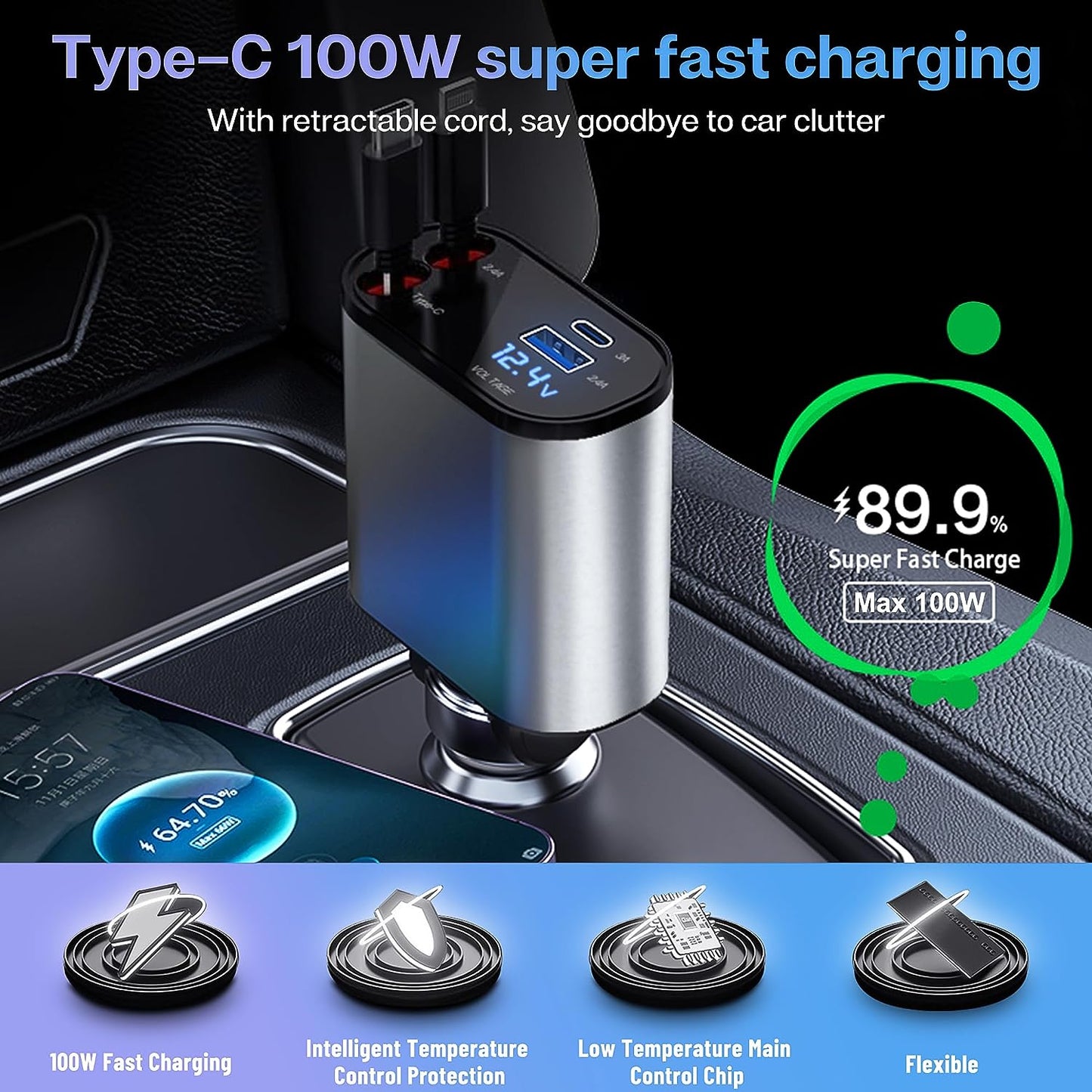 Phonery PowerMax ® 4 in 1 Retractable Car Charger-Getphonery