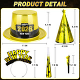 48PCS New Year's Eve Party Supplies for 24 Guests - Happy New Year Headband, Gold Black Party Favors, Cone Hats, Horns, Blowouts - Accessories in Plastic Cardboard