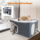Heated Cat House for Indoor, Large Cat Bed with Heating Pad, Adjustable Temperature & Timing, with Fluffy Ball Hanging and Scratch Pad, Foldable Pet Hideaway for Small Medium and Large Cats（XL）