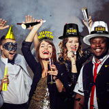 48PCS New Year's Eve Party Supplies for 24 Guests - Happy New Year Headband, Gold Black Party Favors, Cone Hats, Horns, Blowouts - Accessories in Plastic Cardboard