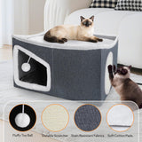 Heated Cat House for Indoor, Large Cat Bed with Heating Pad, Adjustable Temperature & Timing, with Fluffy Ball Hanging and Scratch Pad, Foldable Pet Hideaway for Small Medium and Large Cats（XL）