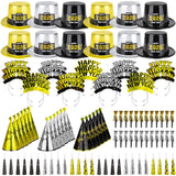 48PCS New Year's Eve Party Supplies for 24 Guests - Happy New Year Headband, Gold Black Party Favors, Cone Hats, Horns, Blowouts - Accessories in Plastic Cardboard