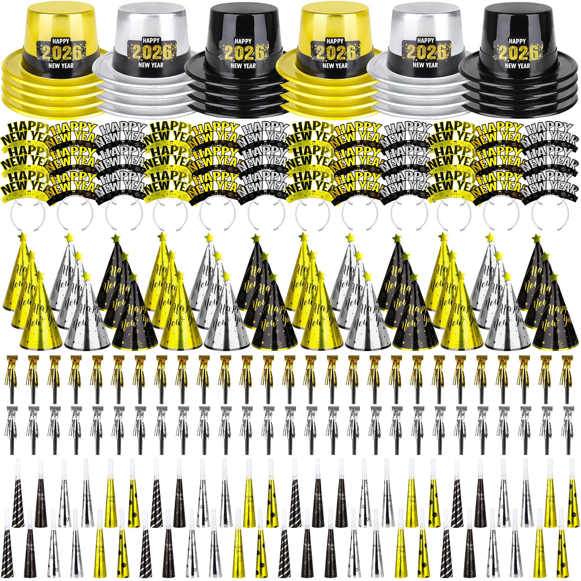48PCS New Year's Eve Party Supplies for 24 Guests - Happy New Year Headband, Gold Black Party Favors, Cone Hats, Horns, Blowouts - Accessories in Plastic Cardboard