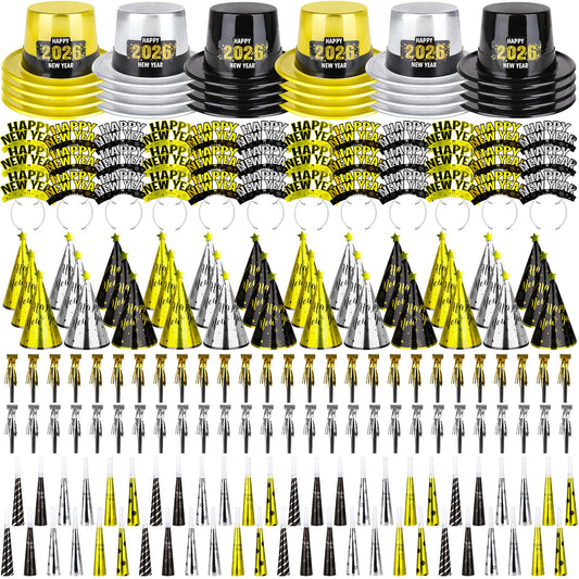 48PCS New Year's Eve Party Supplies for 24 Guests - Happy New Year Headband, Gold Black Party Favors, Cone Hats, Horns, Blowouts - Accessories in Plastic Cardboard