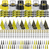 48PCS New Year's Eve Party Supplies for 24 Guests - Happy New Year Headband, Gold Black Party Favors, Cone Hats, Horns, Blowouts - Accessories in Plastic Cardboard