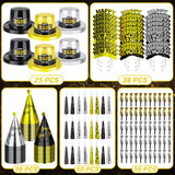 48PCS New Year's Eve Party Supplies for 24 Guests - Happy New Year Headband, Gold Black Party Favors, Cone Hats, Horns, Blowouts - Accessories in Plastic Cardboard