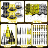 48PCS New Year's Eve Party Supplies for 24 Guests - Happy New Year Headband, Gold Black Party Favors, Cone Hats, Horns, Blowouts - Accessories in Plastic Cardboard