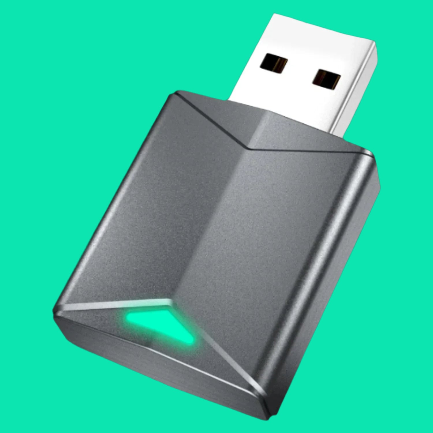 USB adapter with a green light on a white background